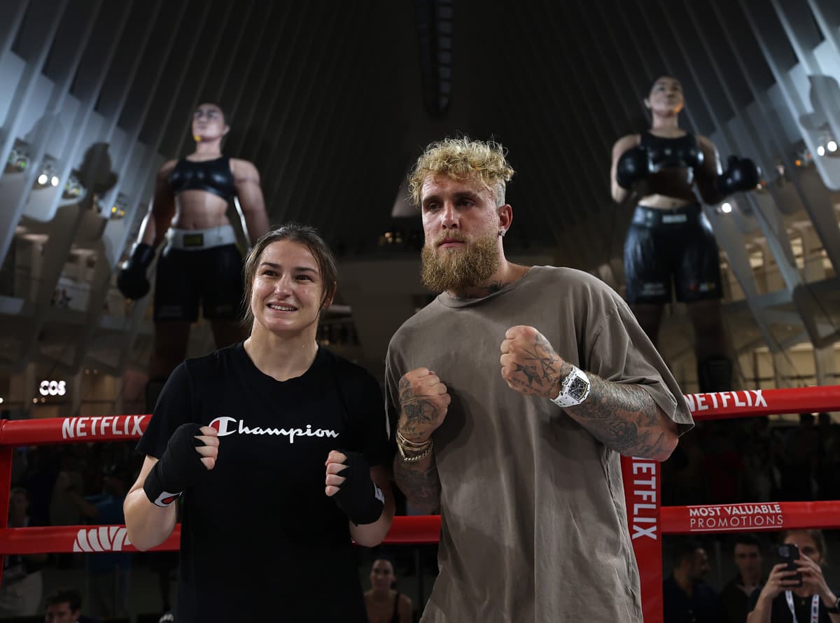 Katie Taylor and Jake Paul during an open workout at Oculus World Trade Center in New York