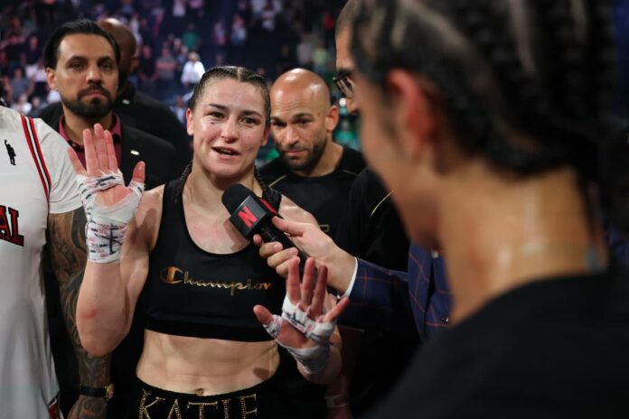 Katie Taylor during her boxing bout against Amanda Serrano at MSG in New York