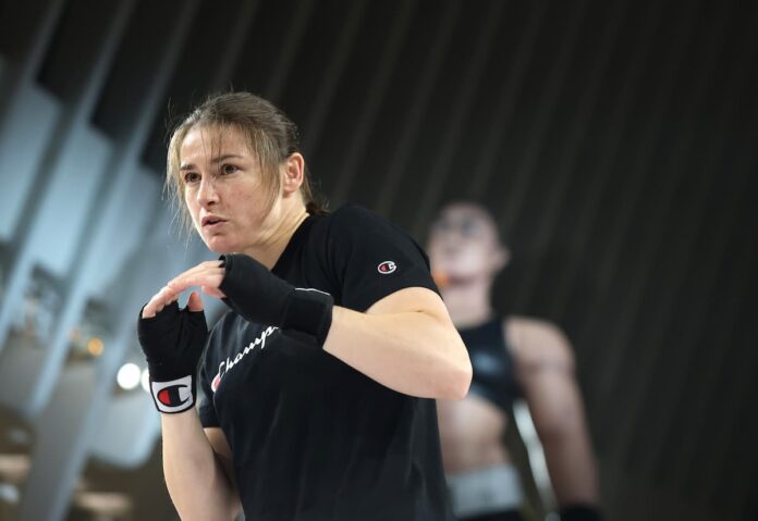Katie Taylor shadowboxing during an open workout at Oculus World Trade Center in New York
