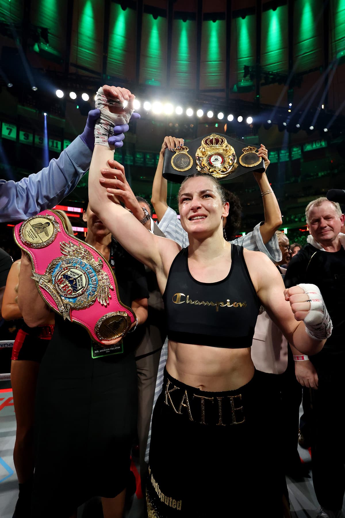 Katie Taylor victorious over Amanda Serrano during their boxing bout at MSG in New York