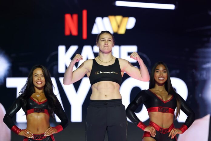 Katie Taylor during the weigh-in ahead of her trilogy fight with Amanda Serrano in New York