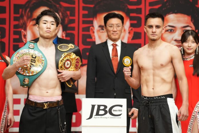 Kenshiro Teraji and Ricardo Rafael Sandoval during the weigh-in ahead of their boxing bout in Yokohama, Japan