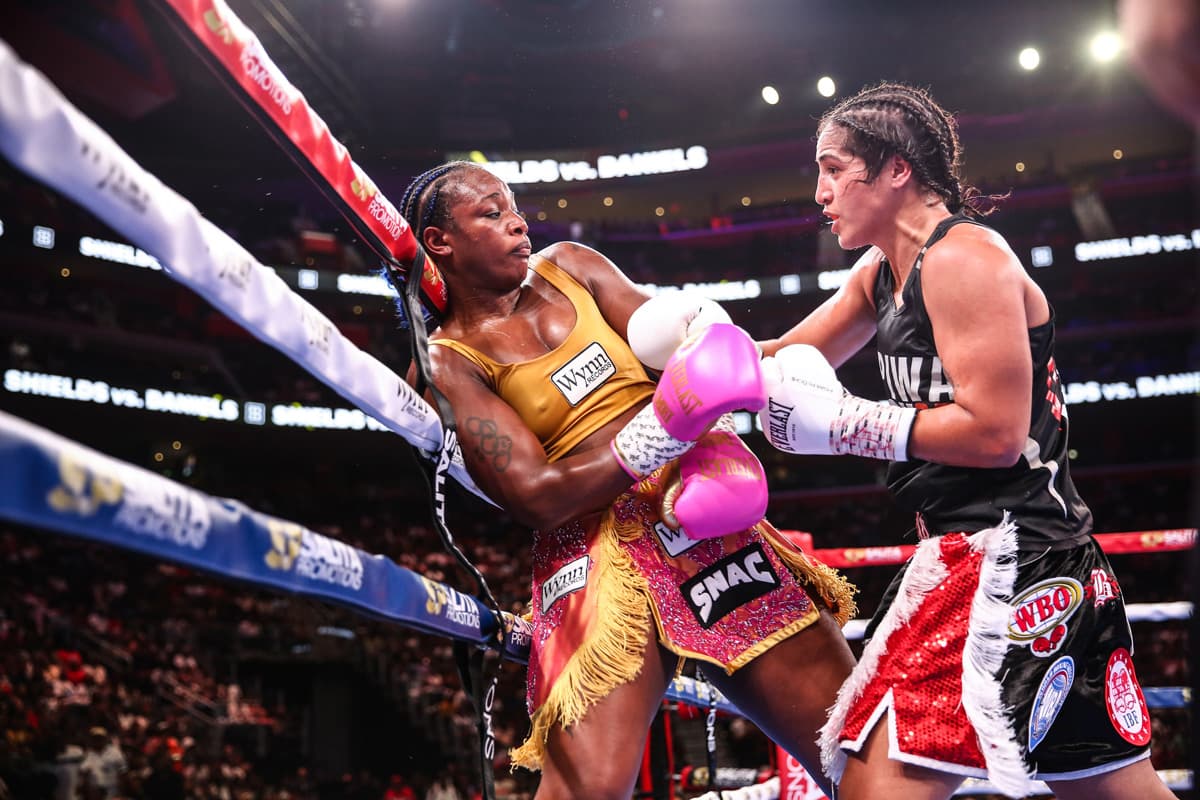 Claressa Shields and Lani Daniels during their bout at Little Caesars Arena in Detroit