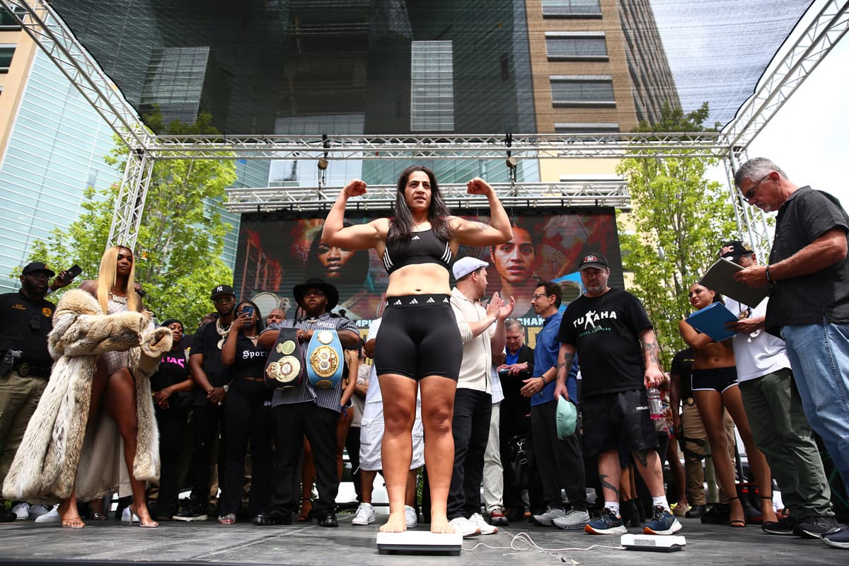 Lani Daniels during the weigh-in ahead of her bout against Claressa Shields in Detroit, MI
