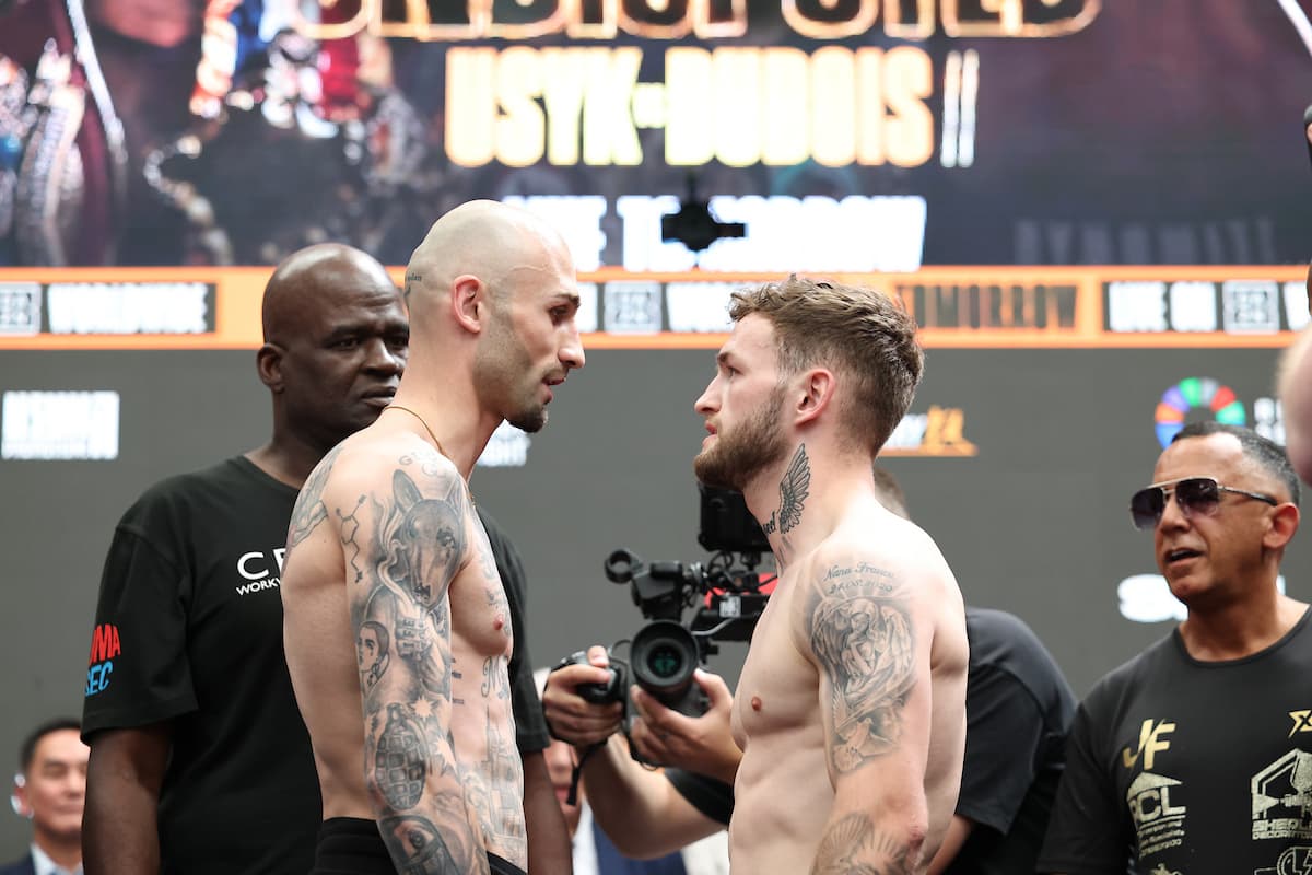 Lasha Guruli and James Francis during the weigh-in ahead of their bout at Wembley Stadium in London