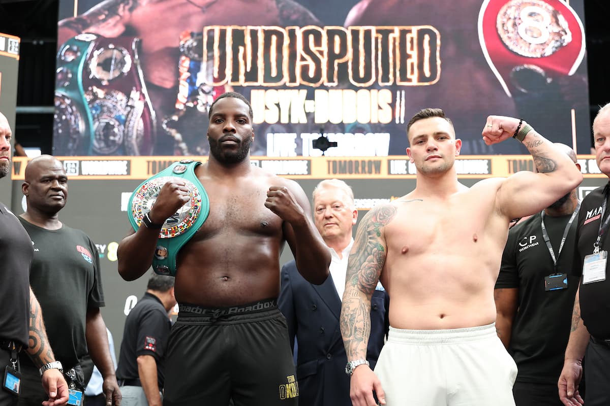 Lawrence Okolie and Kevin Lerena during the weigh-in ahead of their bout at Wembley Stadium in London