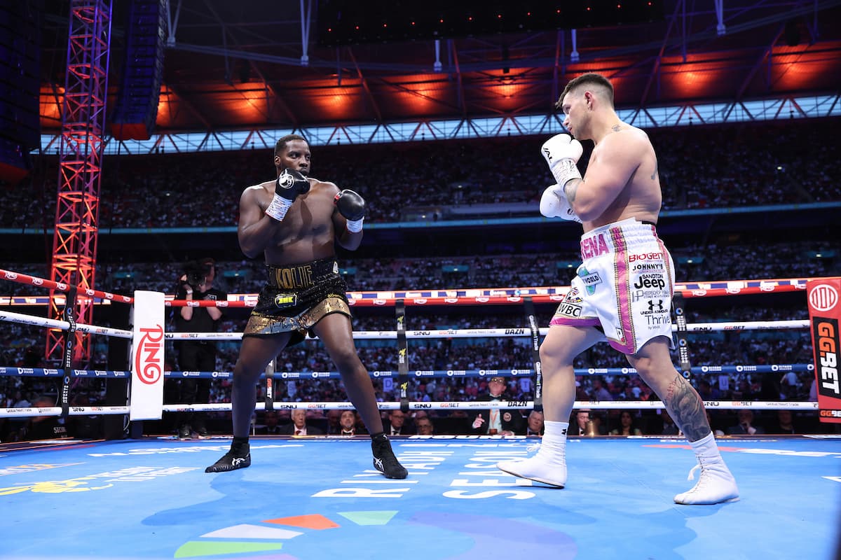 Lawrence Okolie and Kevin Lerena during their boxing bout at Wembley Stadium in London