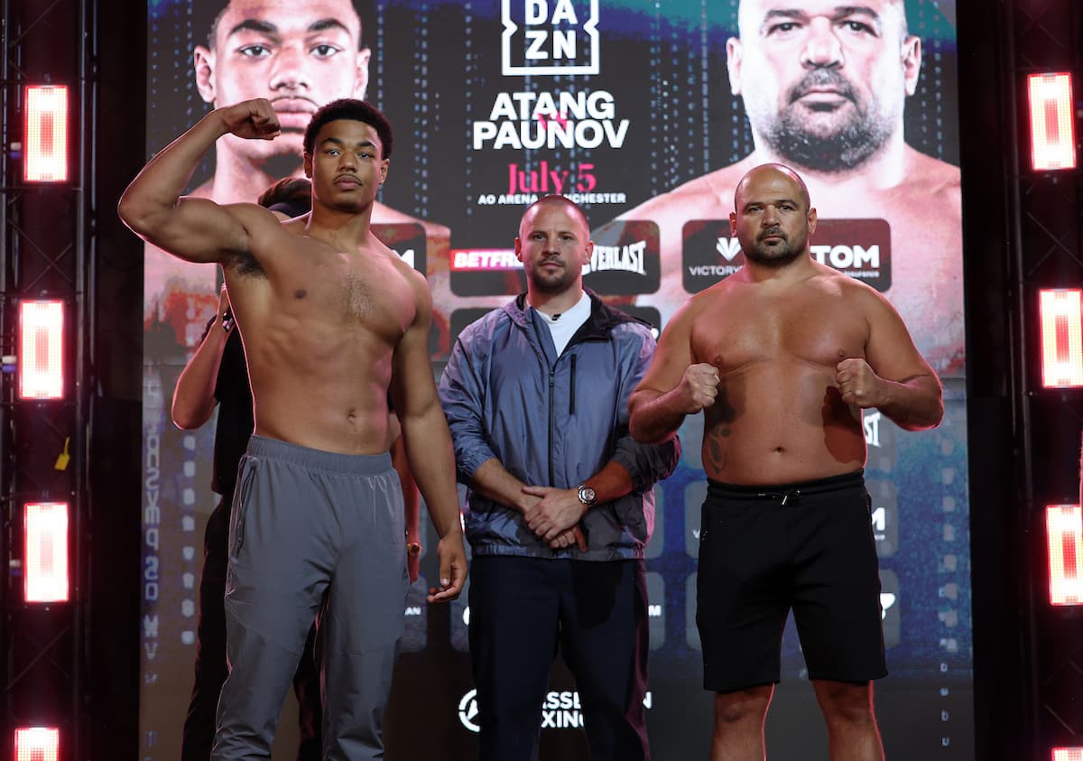 Leo Atang and Milen Paunov at the weigh-in ahead of their boxing bout in Manchester