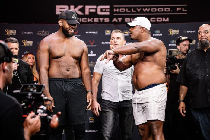 Leonardo Perdomo and Arnold Adams at the BKFC 78 Hollywood weigh-in