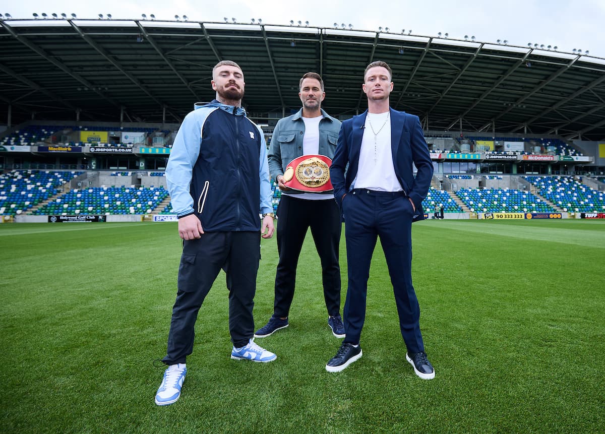 Lewis Crocker, Eddie Hearn, and Paddy Donovan at Windsor Park in Belfast