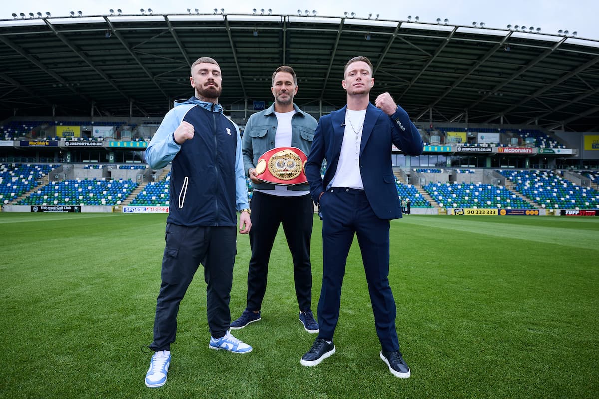 Lewis Crocker, Eddie Hearn, and Paddy Donovan at Windsor Park in Belfast