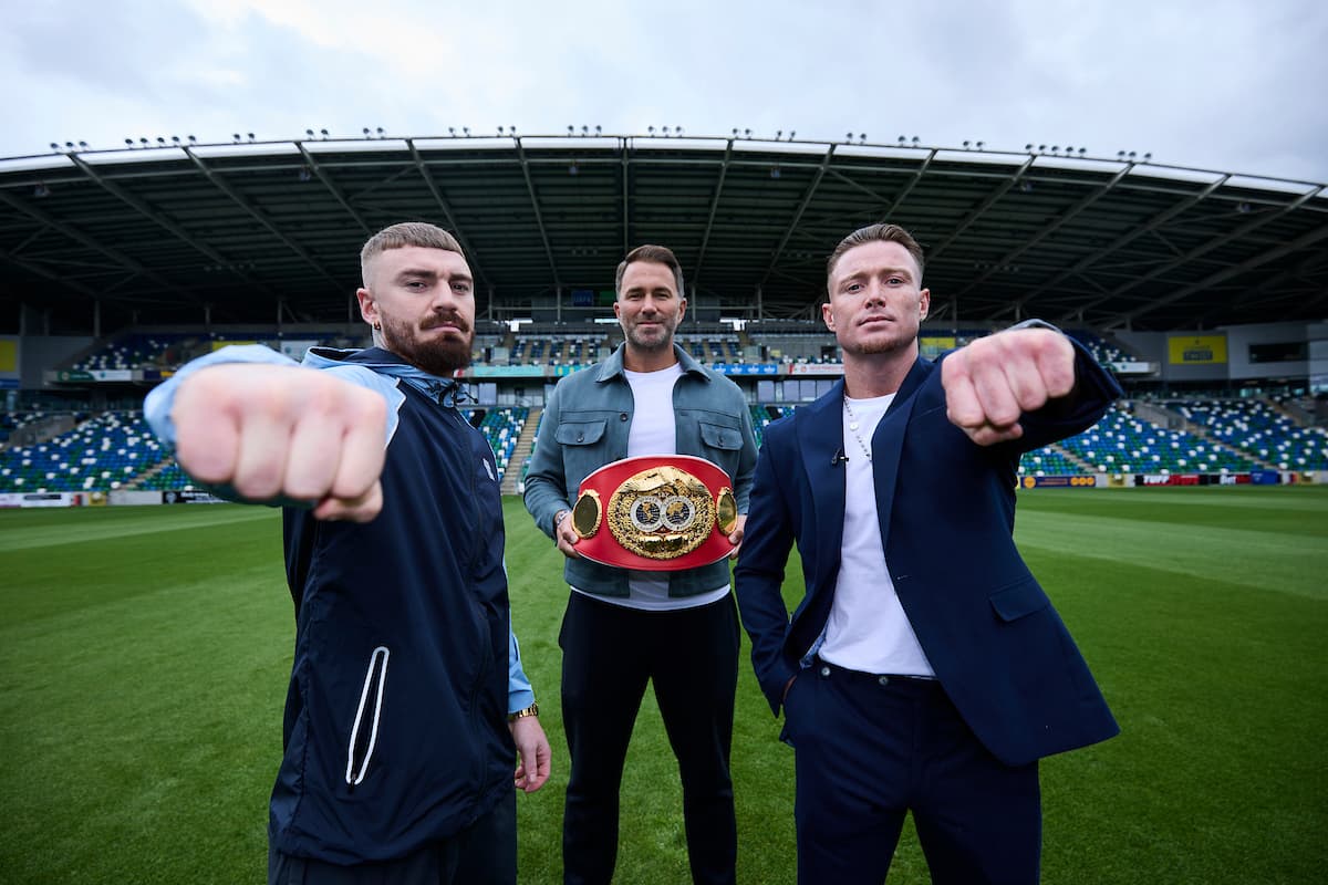 Lewis Crocker, Eddie Hearn, and Paddy Donovan at Windsor Park in Belfast