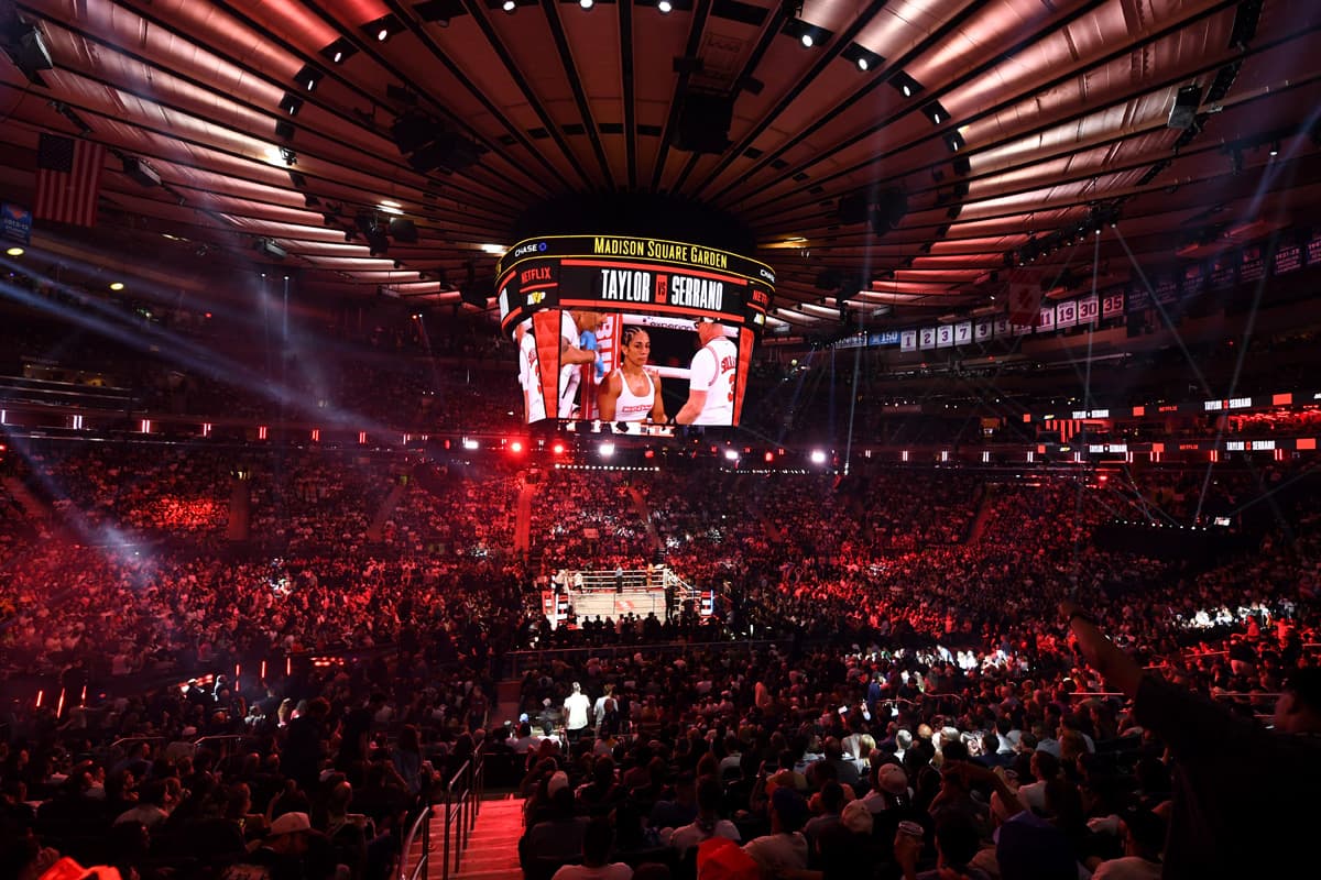 The boxing ring setup for Taylor vs Serrano at Madison Square Garden in New York