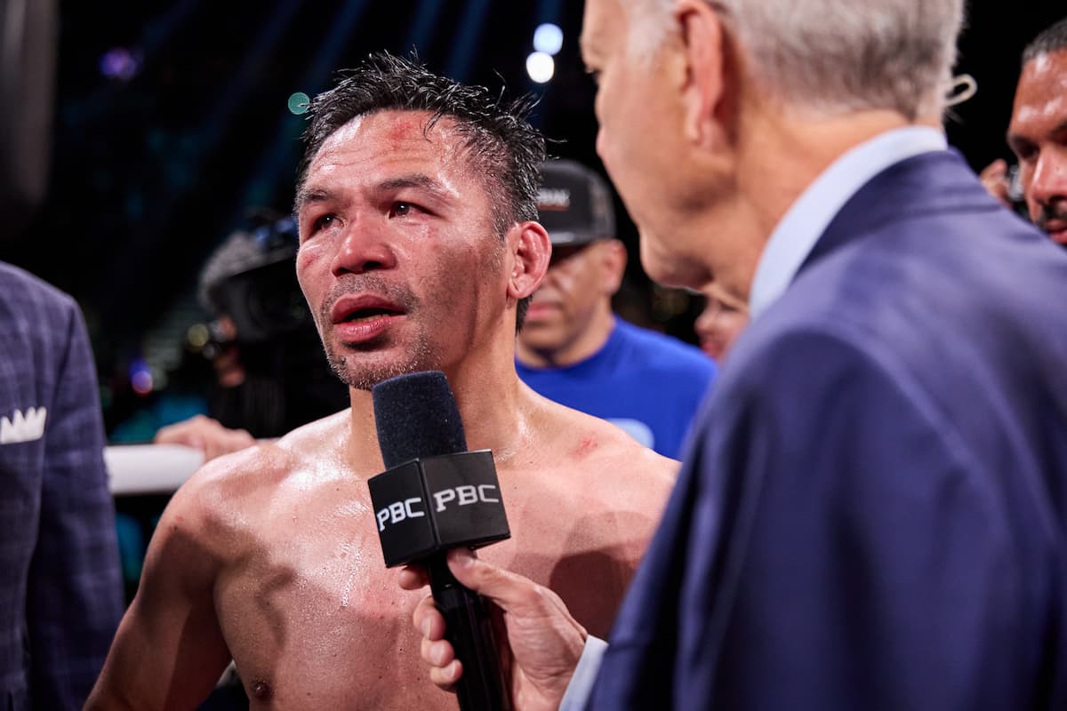 Manny Pacquiao after his bout against Mario Barrios at the MGM Grand Garden Arena in Las Vegas