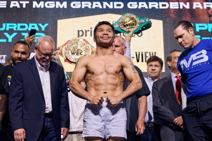 Manny Pacquiao at the weigh-in ahead of his bout against Mario Barrios in Las Vegas