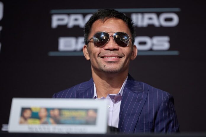 Manny Pacquiao at the press conference ahead of his bout against Mario Barrios in Las Vegas