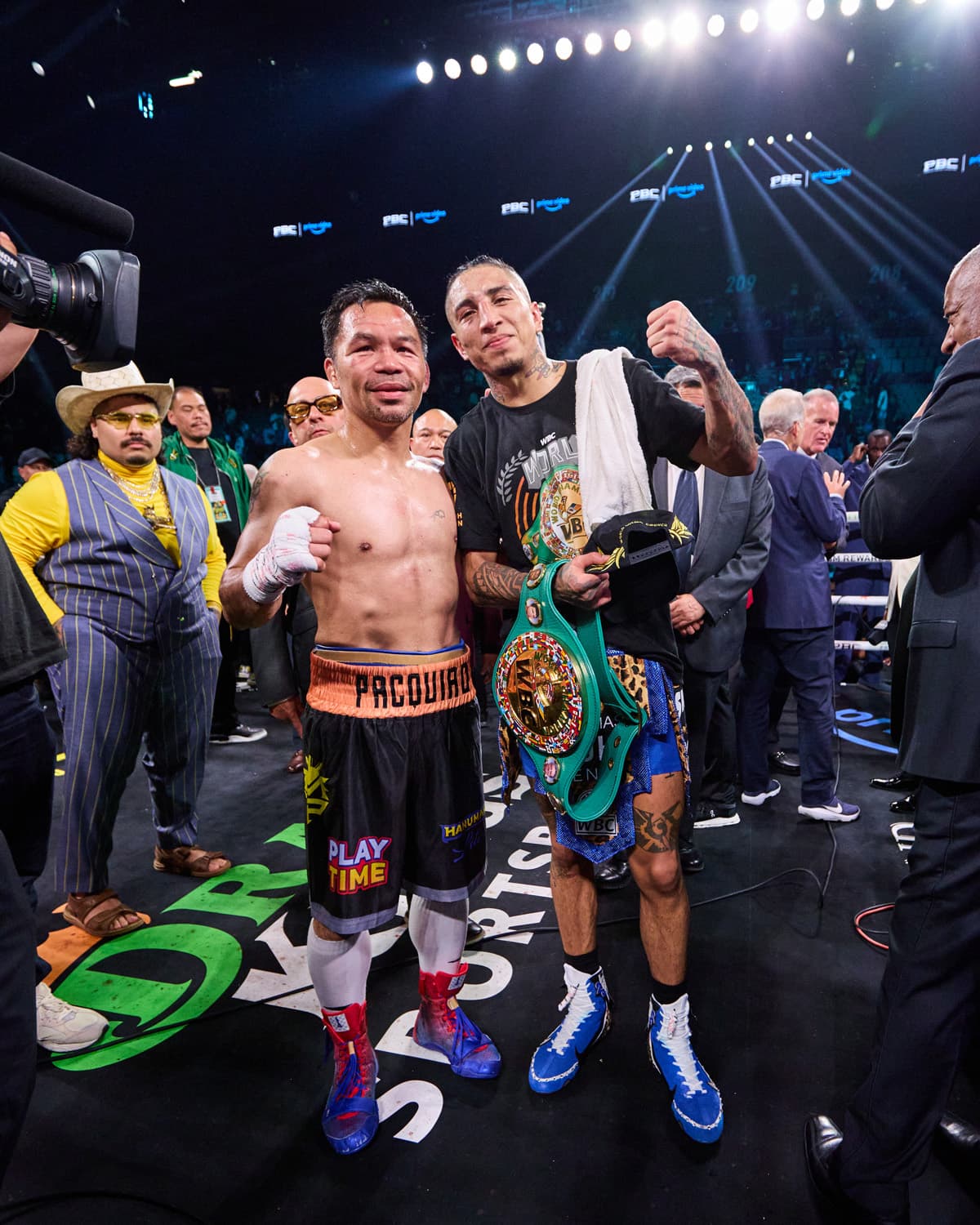 Manny Pacquiao and Mario Barrios after their bout at the MGM Grand Garden Arena in Las Vegas