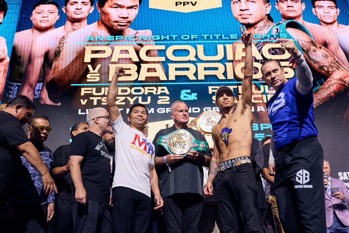 Manny Pacquiao and Mario Barrios during the weigh-in ahead of their bout in Las Vegas