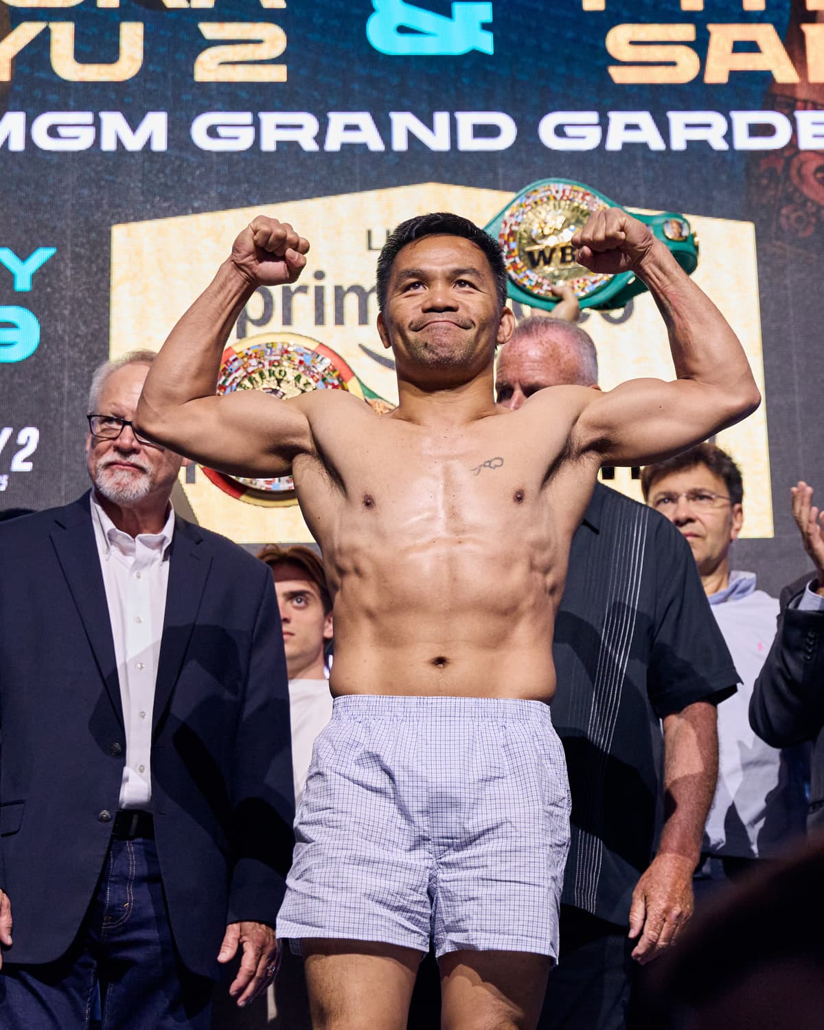 Manny Pacquiao at the weigh-in ahead of his bout against Mario Barrios in Las Vegas