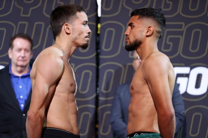 Manuel Flores and Jorge Chavez face off at the weigh-in, ahead of their boxing bout at Golden Boy Fight Night in Indio, CA