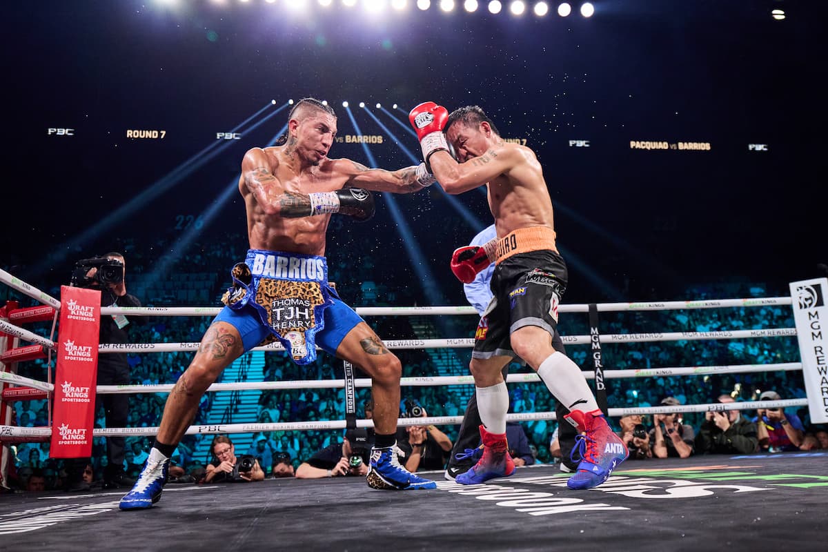 Mario Barrios and Manny Pacquiao during their bout at the MGM Grand Garden Arena in Las Vegas