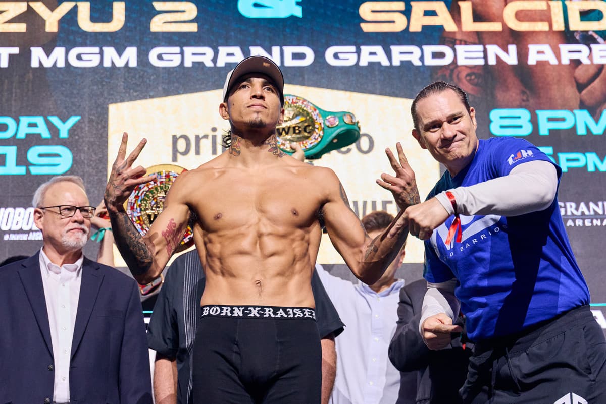 Mario Barrios at the weigh-in ahead of his bout against Manny Pacquiao in Las Vegas