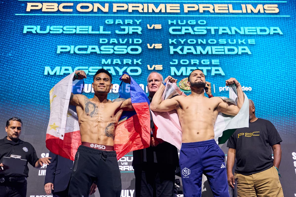 Mark Magsayo and Jorge Mata Cuellar during the weigh-in ahead of their bout in Las Vegas