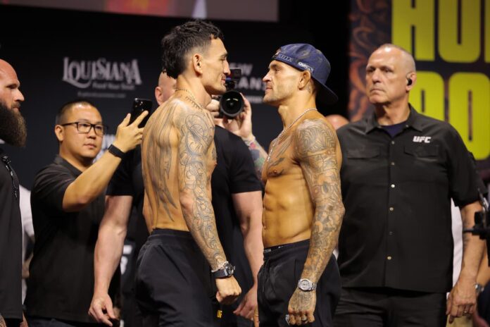 Max Holloway and Dustin Poirier face off at the UFC 318 ceremonial weigh-in, ahead of their MMA bout in New Orleans, LA