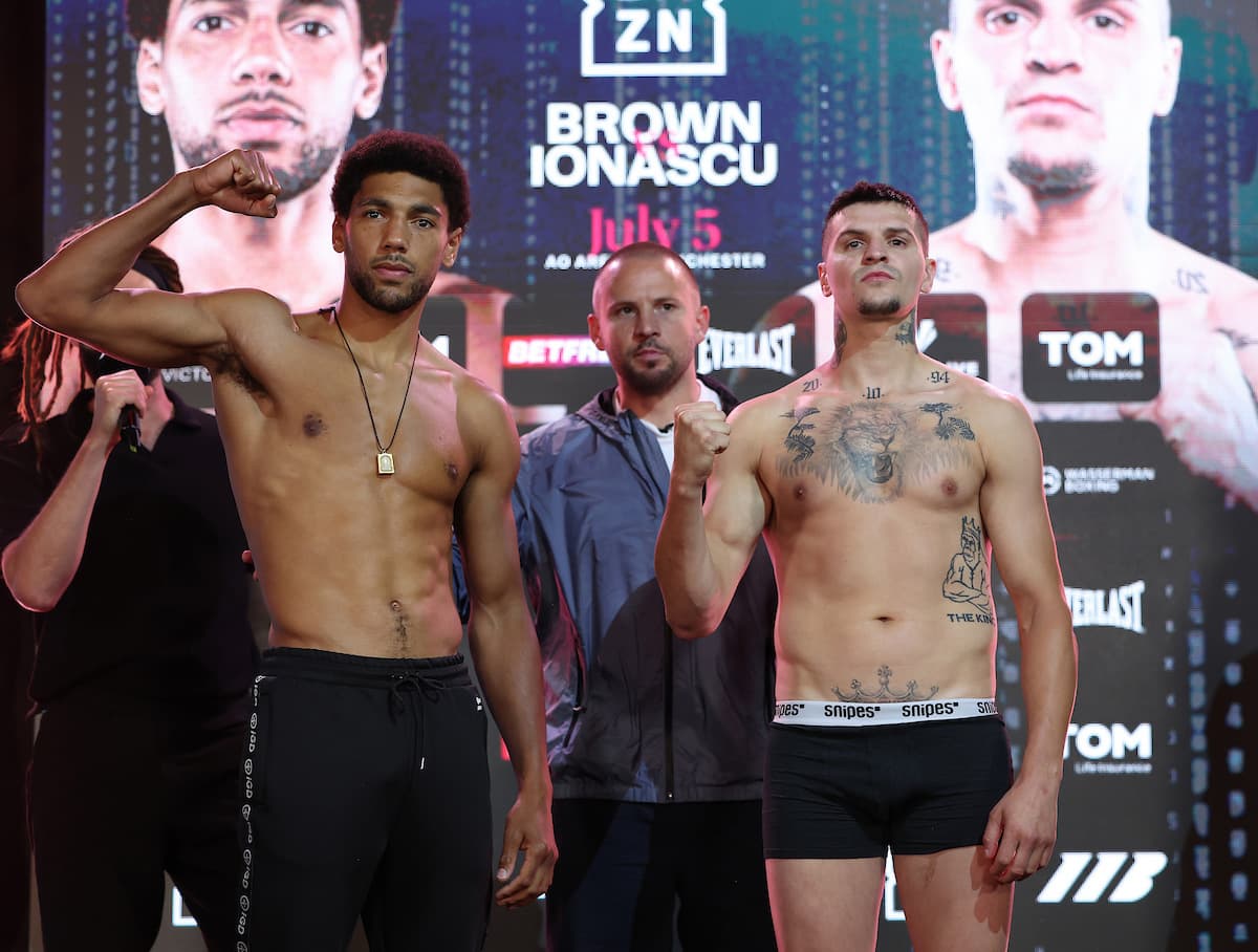 Niall Brown and Victor Ionascu at the weigh-in ahead of their boxing bout in Manchester