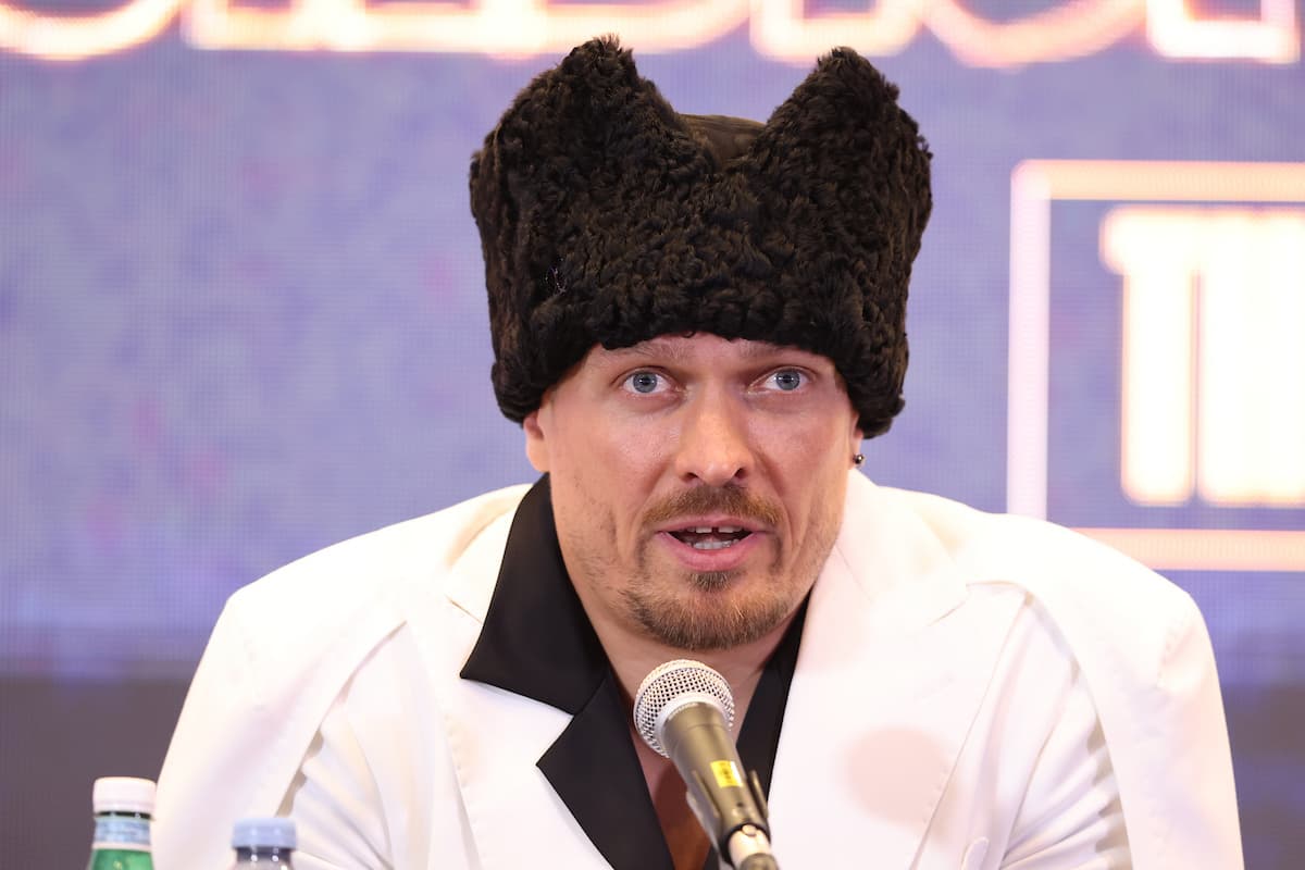 Oleksandr Usyk during the press conference ahead of his rematch against Daniel Dubois at Wembley Stadium in London