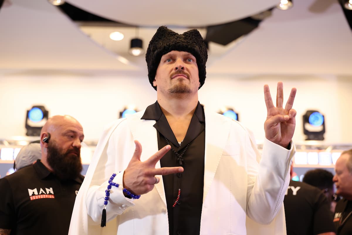 Oleksandr Usyk during the press conference ahead of his rematch against Daniel Dubois at Wembley Stadium in London