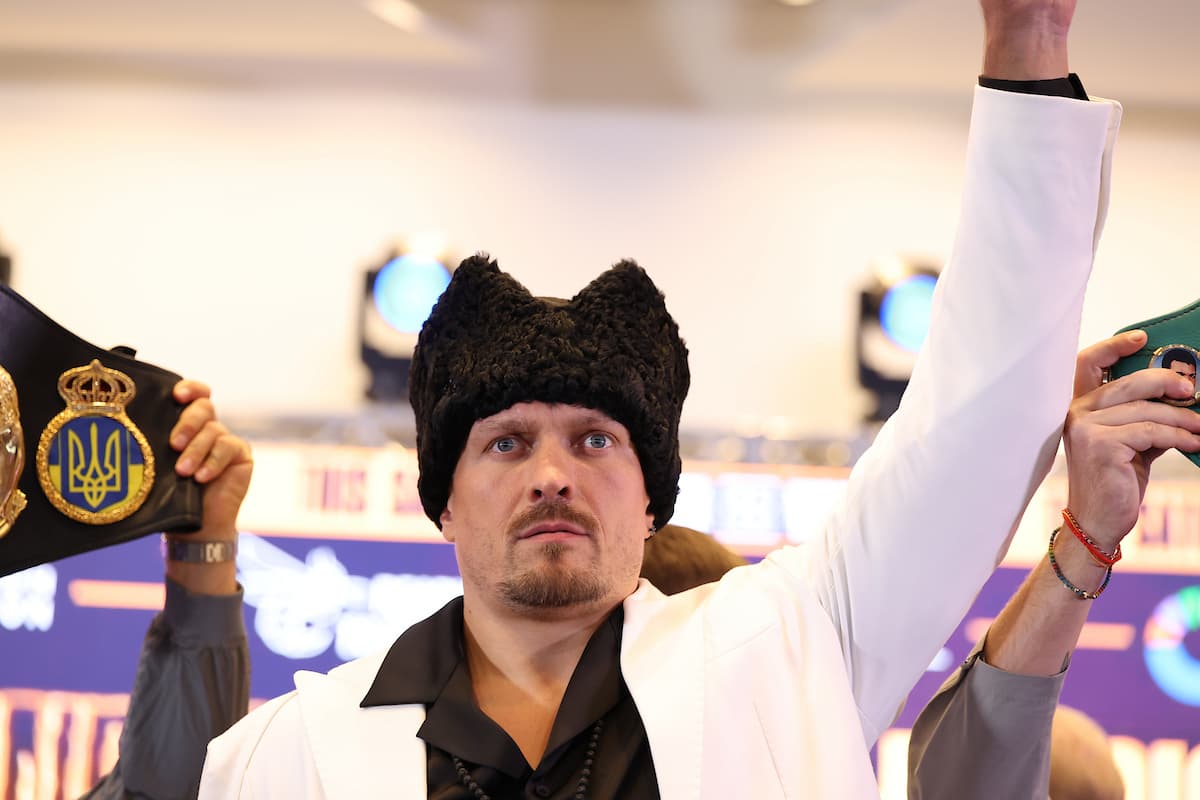 Oleksandr Usyk during the press conference ahead of his rematch against Daniel Dubois at Wembley Stadium in London