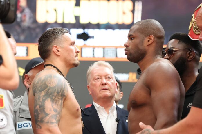 Oleksandr Usyk and Daniel Dubois face off at the weigh-in, ahead of their rematch at Wembley Stadium, London