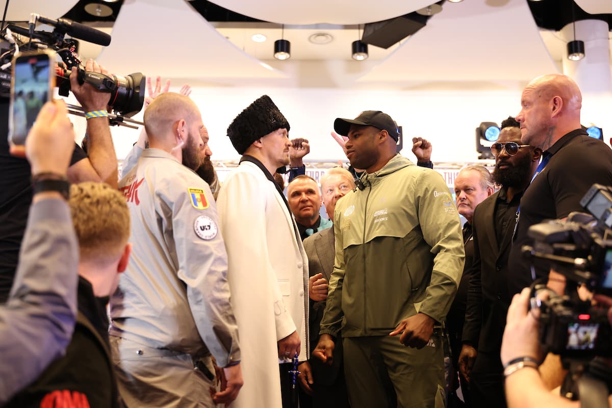 Oleksandr Usyk and Daniel Dubois face off during the press conference ahead of their rematch at Wembley Stadium in London