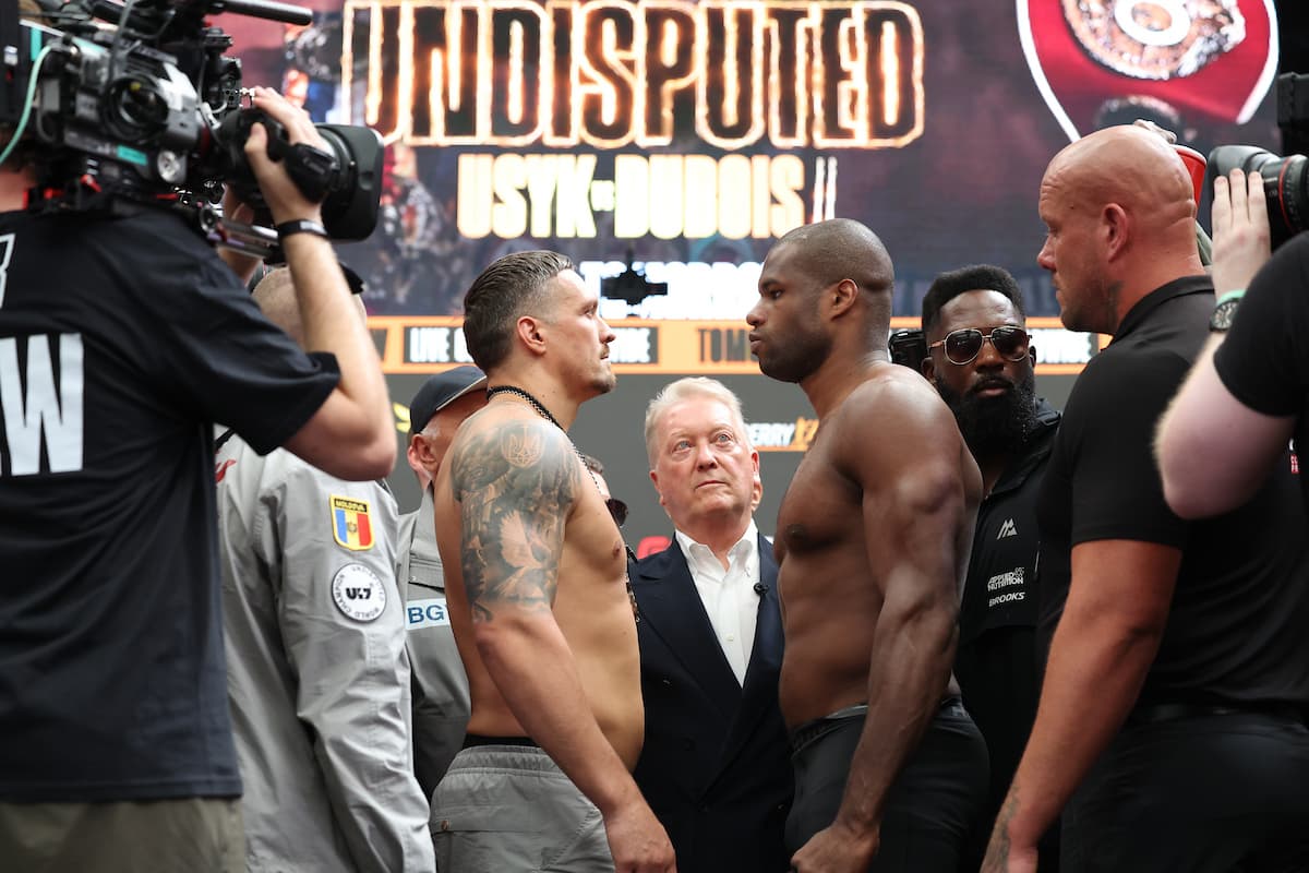 Oleksandr Usyk and Daniel Dubois during the weigh-in ahead of their rematch at Wembley Stadium in London