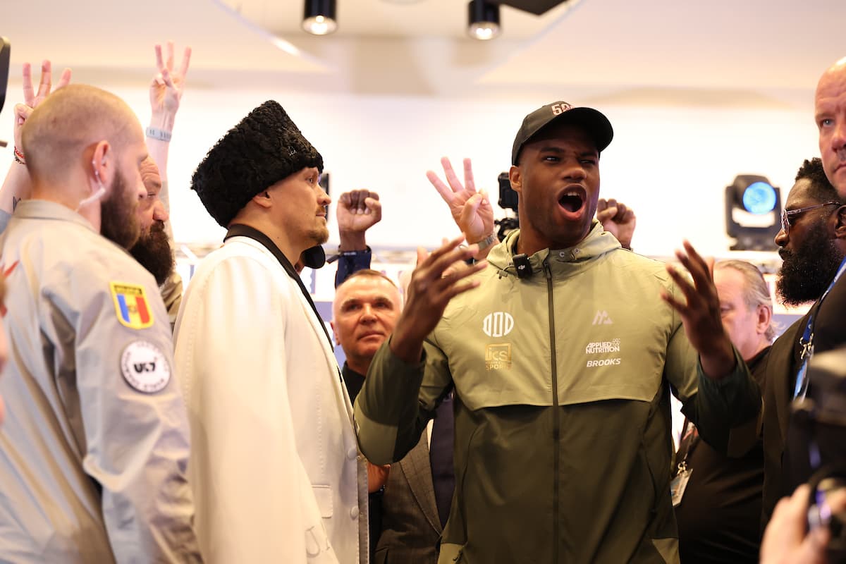 Oleksandr Usyk and Daniel Dubois during the press conference ahead of their rematch at Wembley Stadium in London