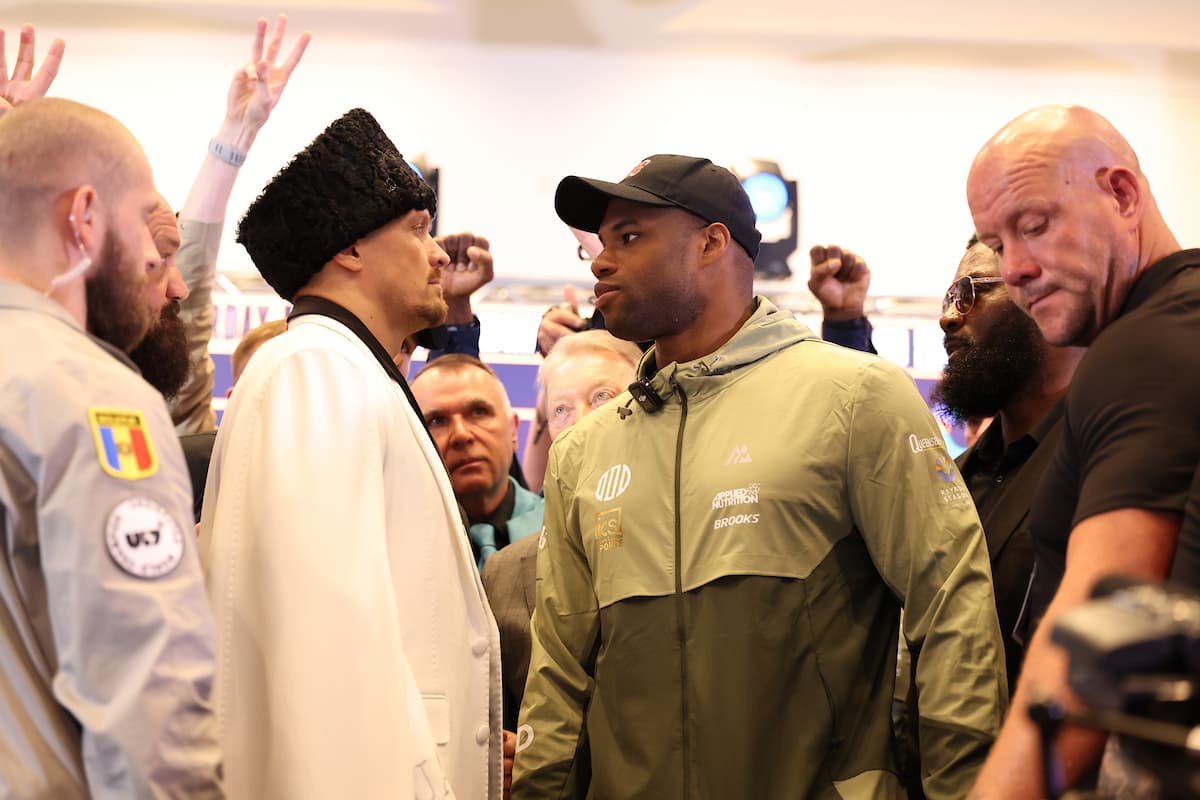 Oleksandr Usyk and Daniel Dubois face off during the press conference ahead of their rematch at Wembley Stadium in London