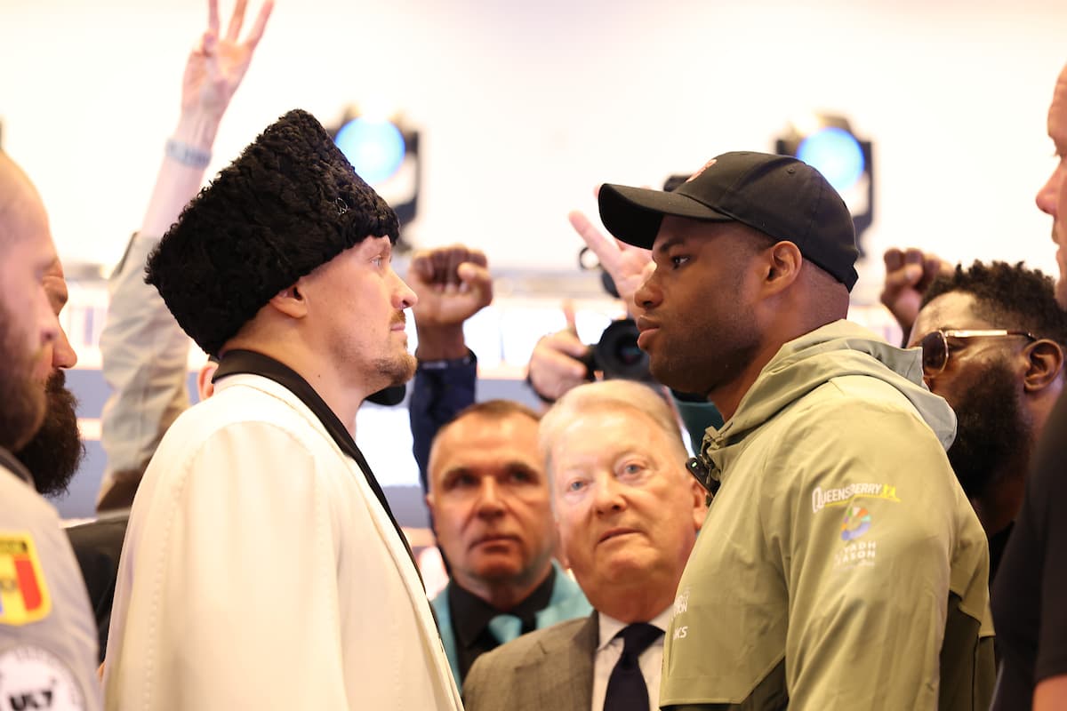 Oleksandr Usyk and Daniel Dubois face off during the press conference ahead of their rematch at Wembley Stadium in London