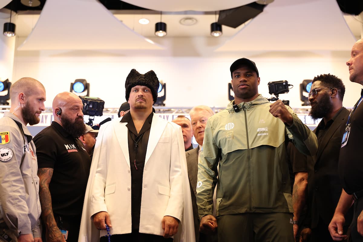 Oleksandr Usyk and Daniel Dubois during the press conference ahead of their rematch at Wembley Stadium in London