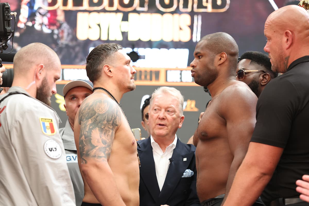 Oleksandr Usyk and Daniel Dubois during the weigh-in ahead of their rematch at Wembley Stadium in London