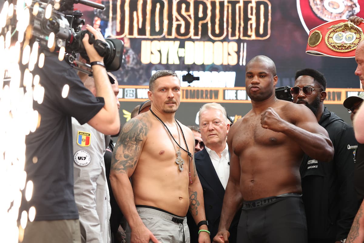Oleksandr Usyk and Daniel Dubois during the weigh-in ahead of their rematch at Wembley Stadium in London
