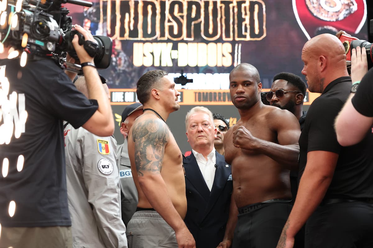 Oleksandr Usyk and Daniel Dubois at the weigh-in ahead of their bout at Wembley Stadium
