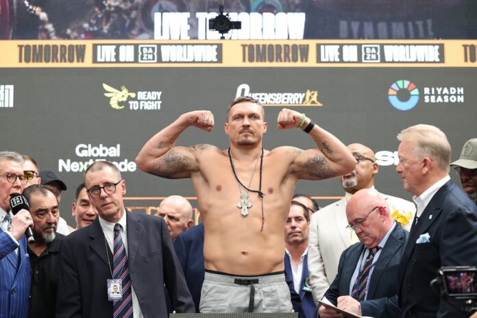 Oleksandr Usyk during the weigh-in ahead of his rematch against Daniel Dubois at Wembley Stadium in London