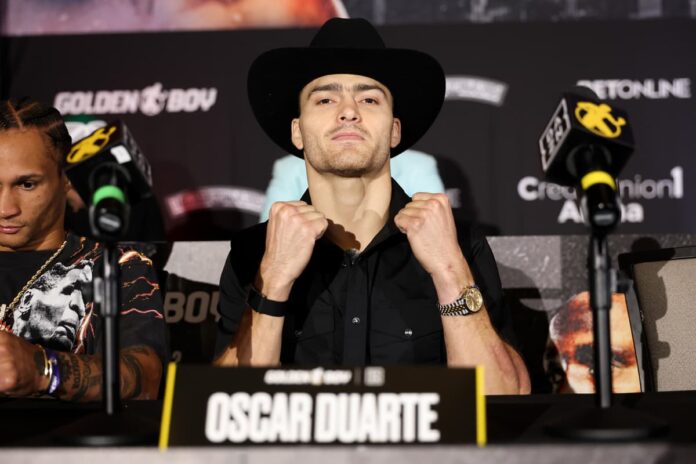 Oscar Duarte during the press conference ahead of his boxing bout against Kenneth Sims Jr in Chicago