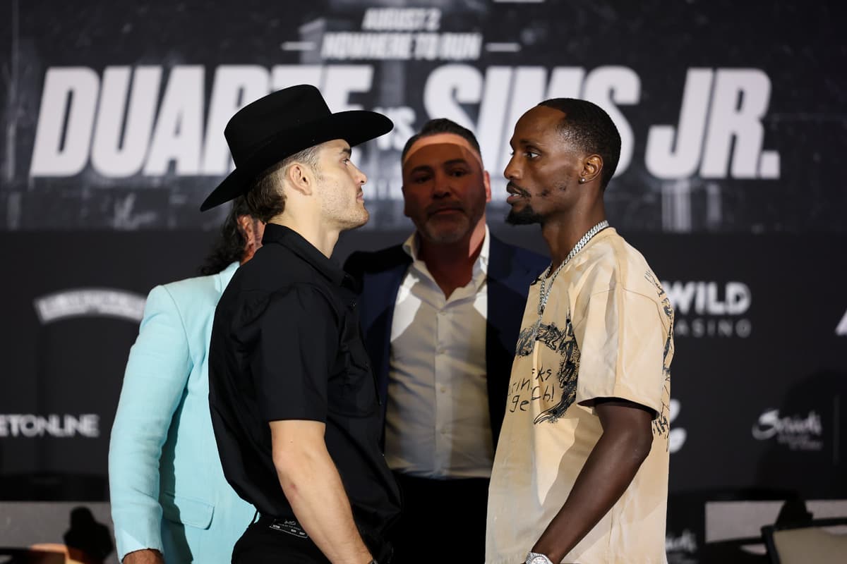 Oscar Duarte and Kenneth Sims Jr. come face-to-face during the press conference ahead of their boxing bout in Chicago