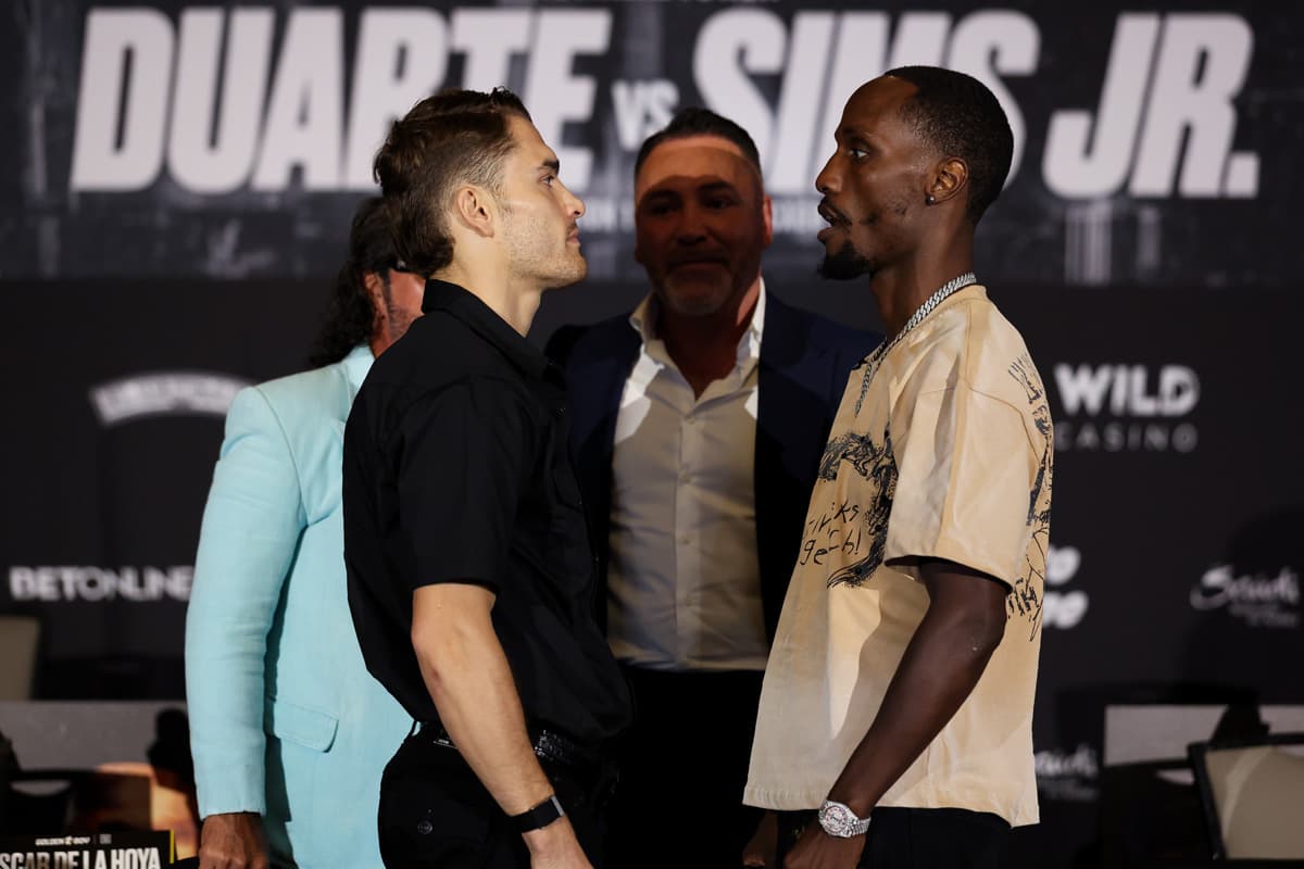 Oscar Duarte and Kenneth Sims Jr. come face-to-face during the press conference ahead of their boxing bout in Chicago