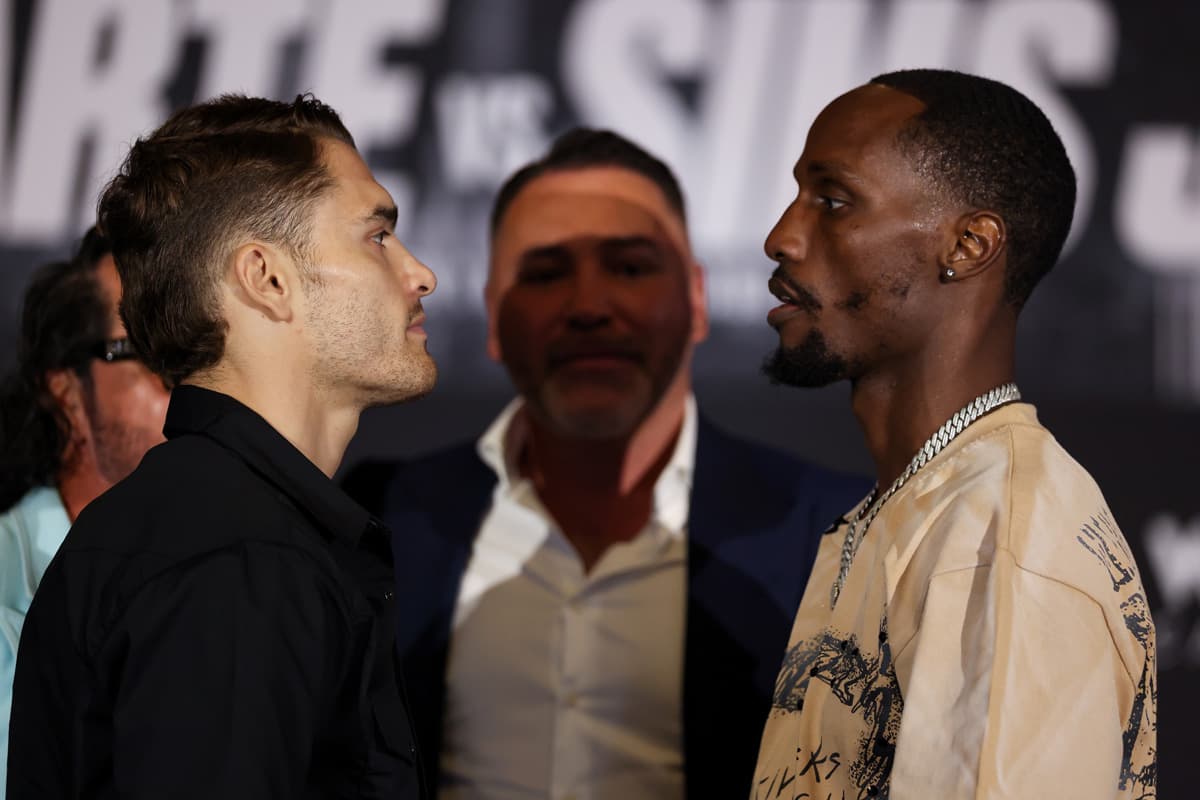 Oscar Duarte and Kenneth Sims Jr. come face-to-face during the press conference ahead of their boxing bout in Chicago