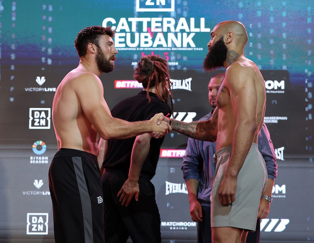 Pat Brown and Lewis Oakford at the weigh-in ahead of their boxing bout in Manchester