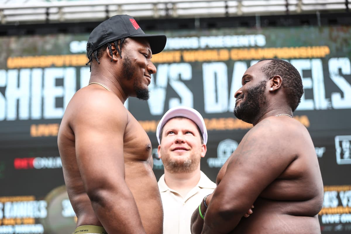 Pryce Taylor and Robert Simms during the weigh-in ahead of their boxing bout in Detroit