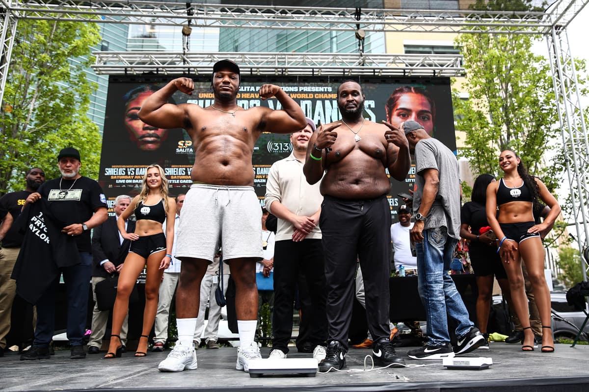 Pryce Taylor and Robert Simms during the weigh-in ahead of their boxing bout in Detroit